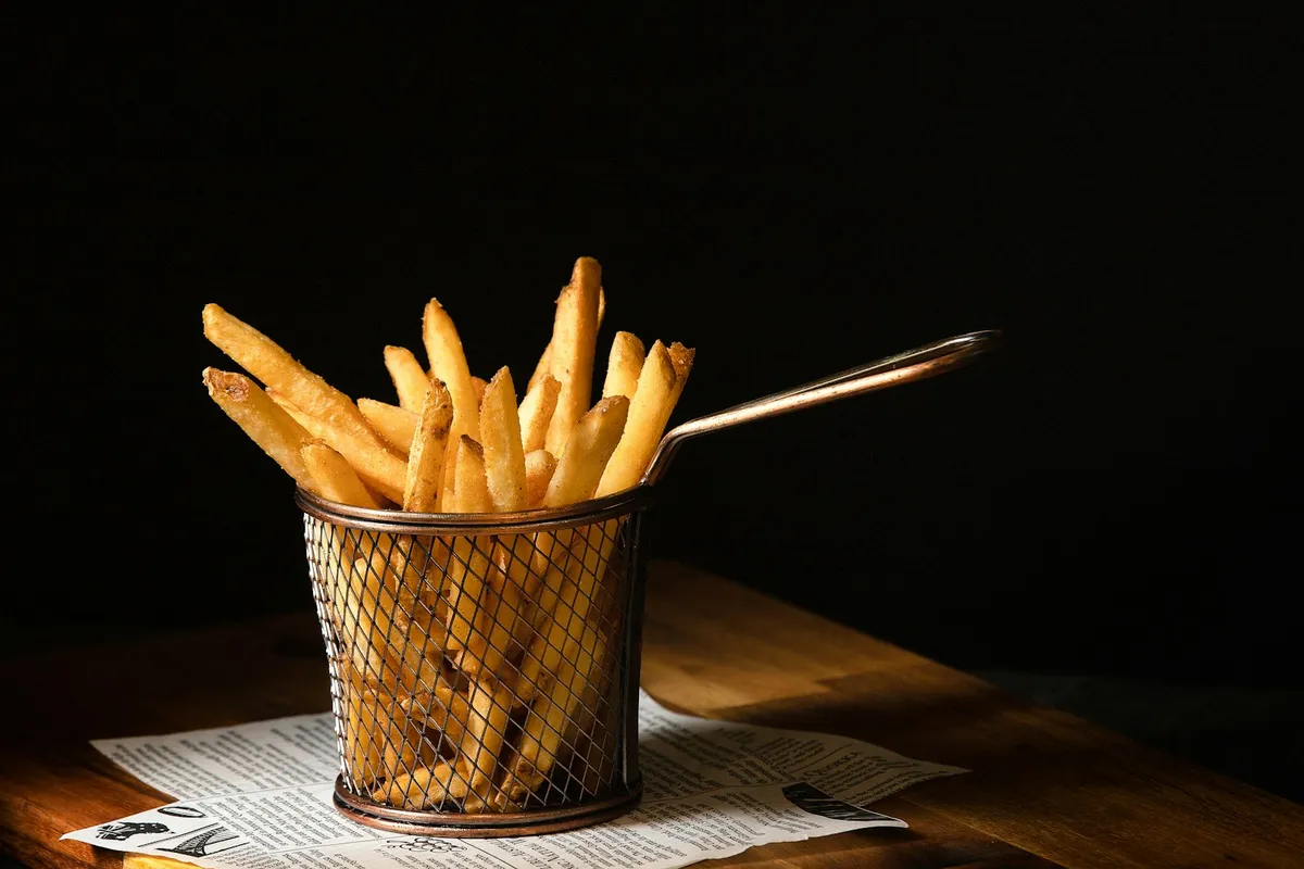 Batatas fritas douradas em tigela, ilustração de categoria de airfryer, não é packshot da AFN-80