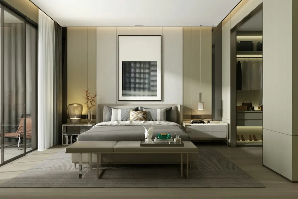 Quarto contemporâneo com cama de casal arrumada e lençol claro, foto conceitual de categoria