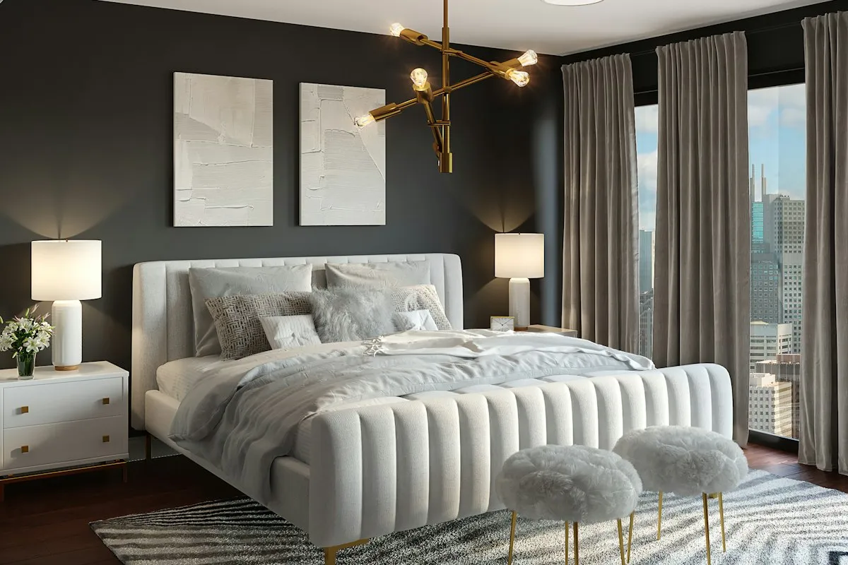 Quarto com cama de casal feita e luz suave na parede, ilustração de categoria de colchões, não é packshot do Emma One Light