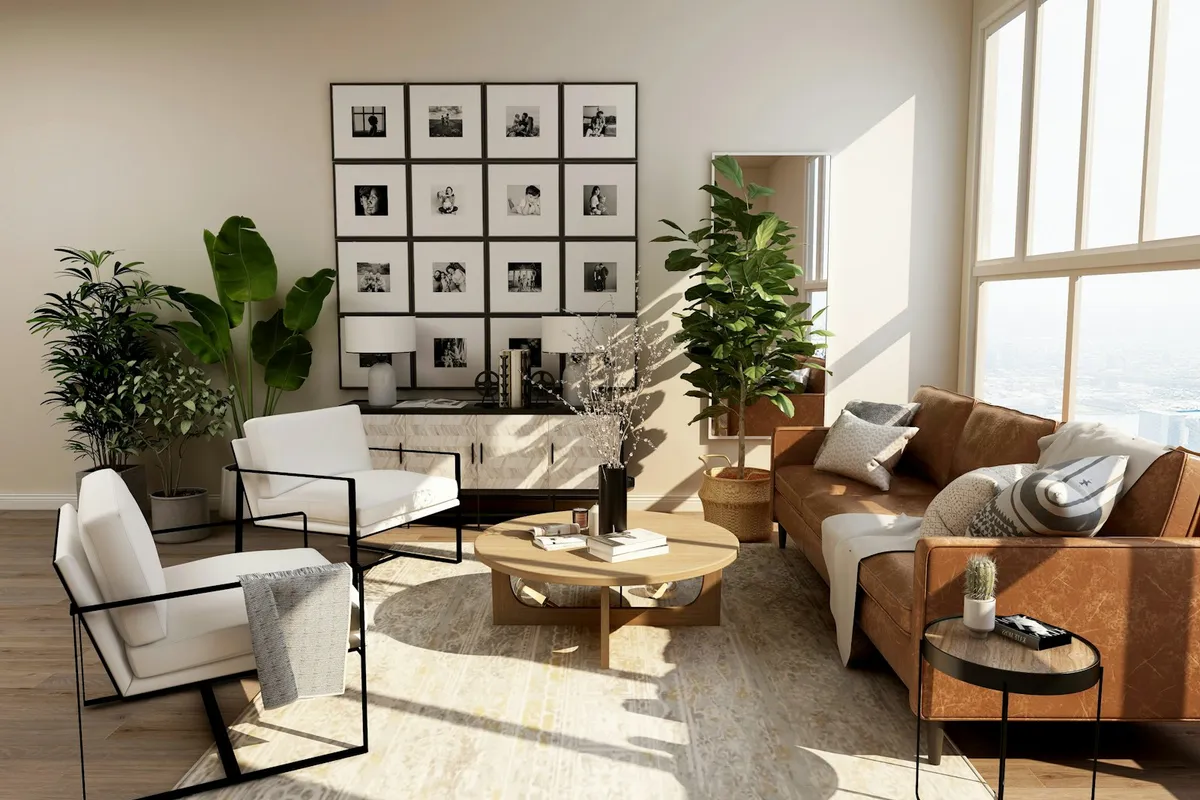 Sala clara com sofá e piso de madeira, ilustração da categoria casa, não é packshot do Xiaomi H40